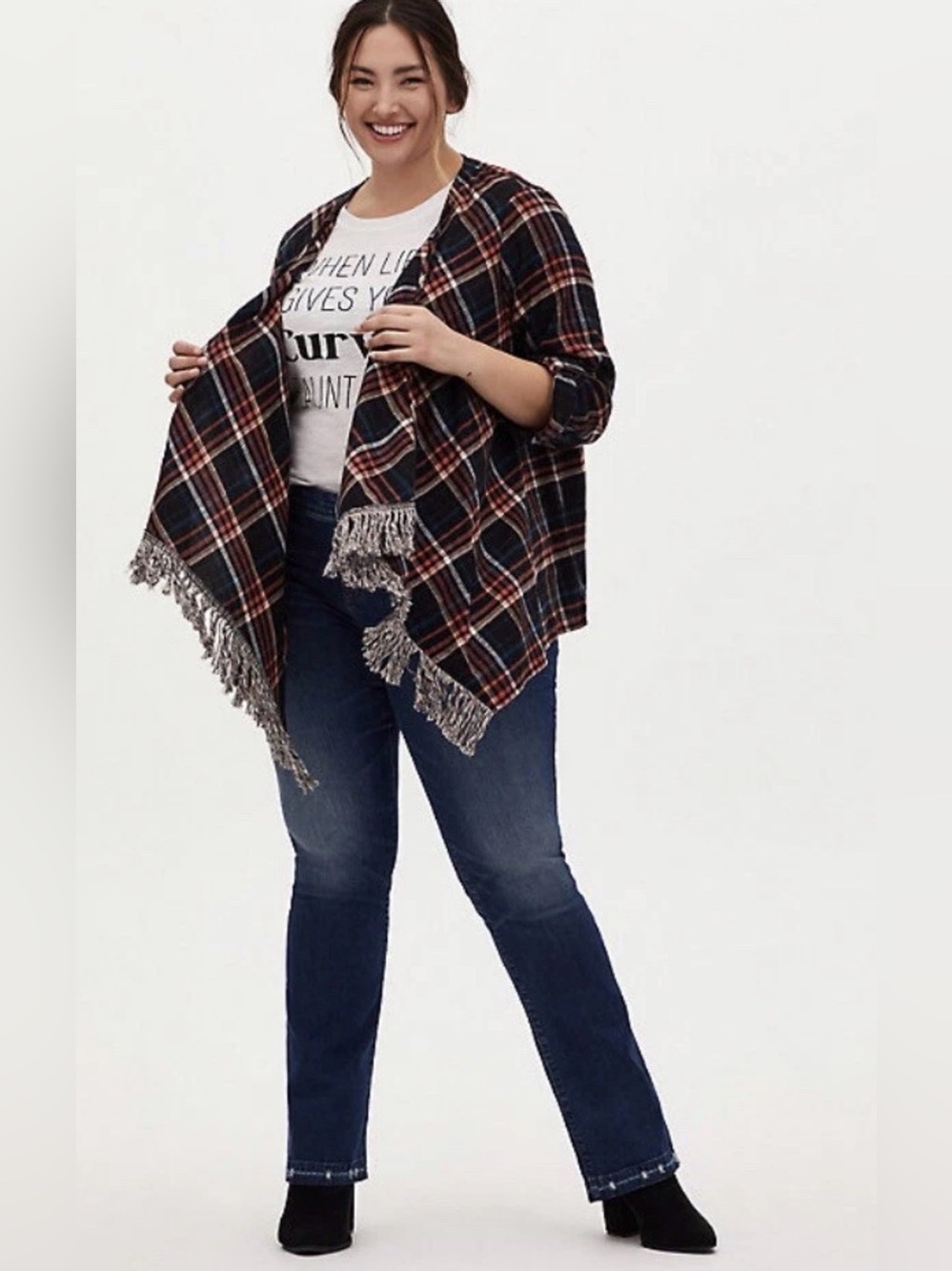 Torrid Plaid Fringe Waterfall Cardigan Kimono Size 2 Black Pink Blue Open Front